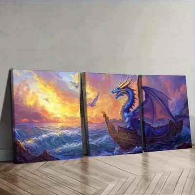 3pcs Blue Dragon on Boat Wall Art Set Canvas Framed 50x70cm - High Quality Print 100% Australian Made Wall Canvas Ready to Hang