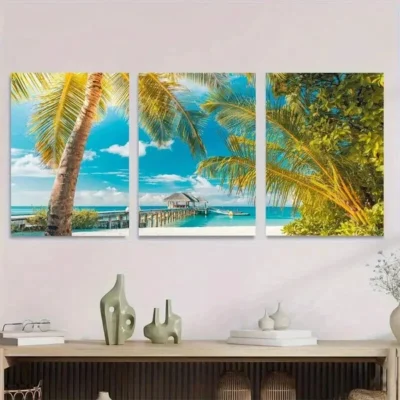 3pcs Beach Paradise Triptych Tropical Ocean Wall Art Set Canvas Framed 50x70cm - High Quality Print 100% Australian Made Wall Canvas Ready to Hang