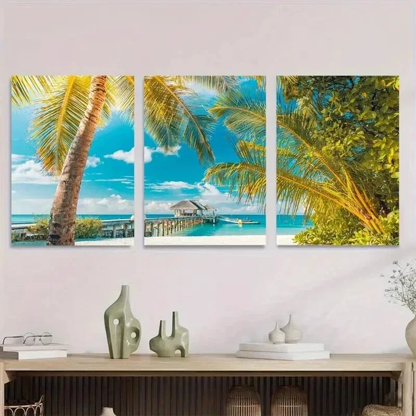 3pcs Beach Paradise Triptych Tropical Ocean Wall Art Set Canvas Framed 50x70cm – High Quality Print 100% Australian Made Wall Canvas Ready to Hang