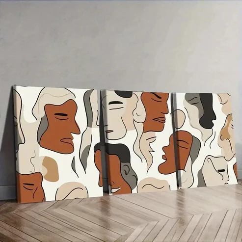 3pcs Featuring Brown And Beige Faces Wall Art Set Canvas Framed 50x70cm – High Quality Print 100% Australian Made Wall Canvas Ready to Hang