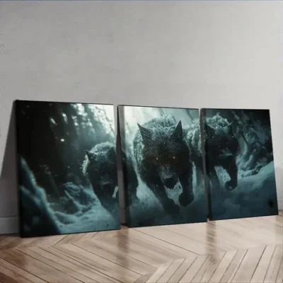 3pcs Fierce Wolf pack Charging Wall Art Set Canvas Framed 50x70cm - High Quality Print 100% Australian Made Wall Canvas Ready to Hang