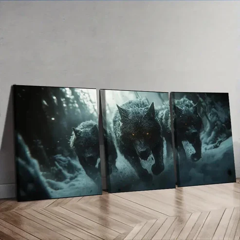 3pcs Fierce Wolf pack Charging Wall Art Set Canvas Framed 50x70cm – High Quality Print 100% Australian Made Wall Canvas Ready to Hang