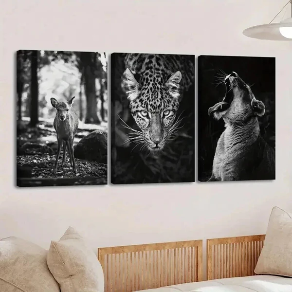 3pcs Vintage Black & White Animals Deer Leopard Wall Art Set Canvas Framed 50x70cm – High Quality Print 100% Australian Made Wall Canvas Ready to Hang