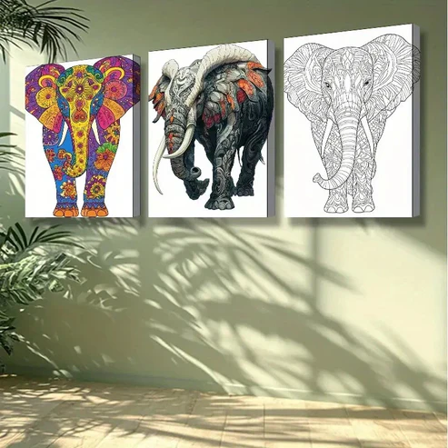 3pcs Stylized elephant Animal Wall Art Set Canvas Framed 40x60cm -High Quality Print 100% Australian Made Wall Canvas Ready to Hang