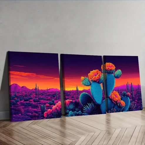 3pcs Surreal cactus Wall Art Set Canvas Framed 50x70cm – High Quality Print 100% Australian Made Wall Canvas Ready to Hang