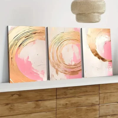 3pcs Trendy Abstract Art Pink Golden Rounds Wall Art Set Canvas Framed 50x70cm - High Quality Print 100% Australian Made Wall Canvas Ready to Hang