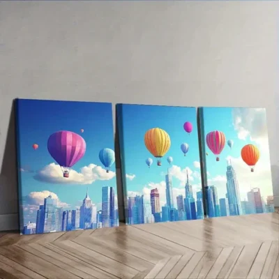 3pcs Skyscrapers and hot air balloons Wall Art Set Canvas Framed 40x60cm - High Quality Print 100% Australian Made Wall Canvas Ready to Hang