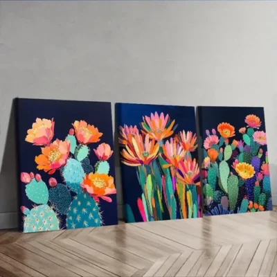 3pcs Vibrant Cactus Night Garden Wall Art Set Canvas Framed 50x70cm - High Quality Print 100% Australian Made Wall Canvas Ready to Hang
