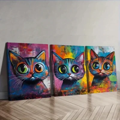 3pcs Colorful Cats Wall Art Set Canvas Framed 50x70cm - High Quality Print 100% Australian Made Wall Canvas Ready to Hang