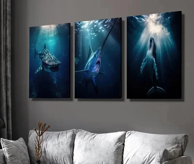 3pcs Whale Shark Swordfish Blue Whale Aquatic Wall Art Set Canvas Framed 40x60cm – High Quality Print 100% Australian Made Wall Canvas Ready to Hang