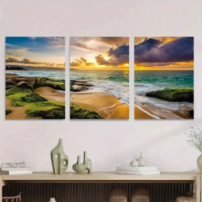 3pcs Vibrant Ocean & Rocks Landscape Sunset Wall Art Set Canvas Framed 50x70cm - High Quality Print 100% Australian Made Wall Canvas Ready to Hang
