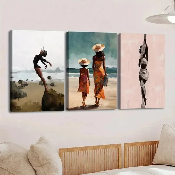 3pcs Fashion Artistic Vibrant Beach Scene Ladies Wall Art Set Canvas Framed 50x70cm – High Quality Print 100% Australian Made Wall Canvas Ready to Hang