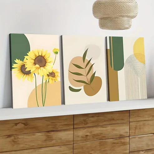 3pcs Sunflower Boho Style Green Leaves Yellow Wall Art Set Canvas Framed 40x60cm – High Quality Print 100% Australian Made Wall Canvas Ready to Hang