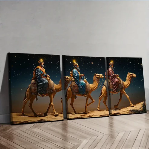 3pcs Three wise men on camels Wall Art Set Canvas Framed 40x60cm – High Quality Print 100% Australian Made Wall Canvas Ready to Hang