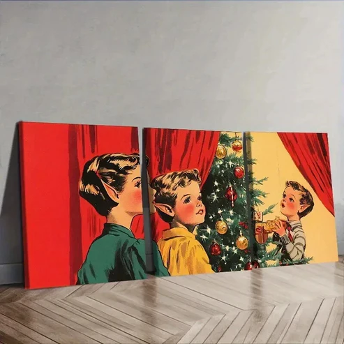 3pcs Merry Christmas Scene Wall Art Set Canvas Framed 50x70cm – High Quality Print 100% Australian Made Wall Canvas Ready to Hang