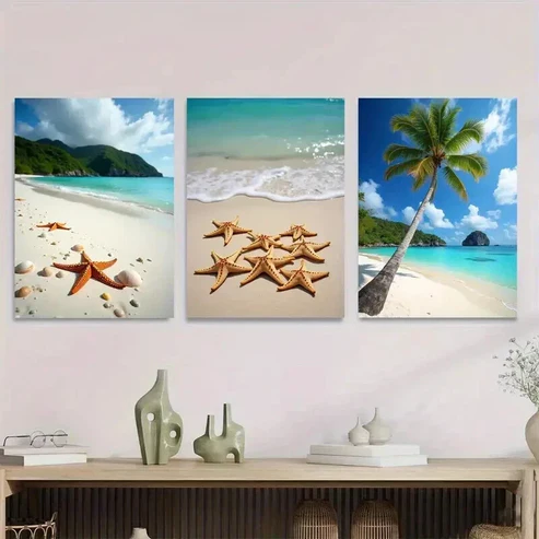 3pcs Beach Scene Paradise With Starfish Trees Wall Art Set Canvas Framed 50x70cm – High Quality Print 100% Australian Made Wall Canvas Ready to Hang