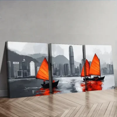3pcs Featuring The Hong Kong Harbor Wall Art Set Canvas Framed 40x60cm - High Quality Print 100% Australian Made Wall Canvas Ready to Hang