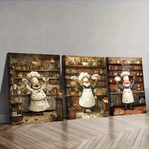 3pcs The whimsical chef Wall Art Set Canvas Framed 50x70cm – High Quality Print 100% Australian Made Wall Canvas Ready to Hang