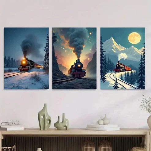 3pcs Vintage Train Triptych Snowy Moonlit Night Wall Art Set Canvas Framed 50x70cm – High Quality Print 100% Australian Made Wall Canvas Ready to Hang