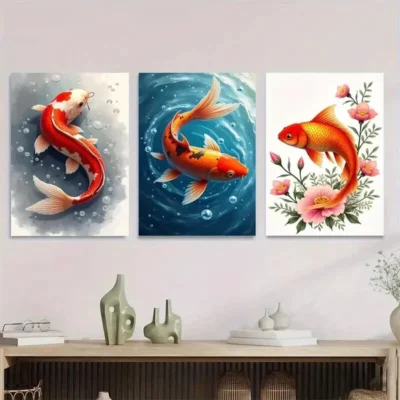 3pcs Modern Koi Fish Orange & White Koi Wall Art Set Canvas Framed 40x60cm - High Quality Print 100% Australian Made Wall Canvas Ready to Hang