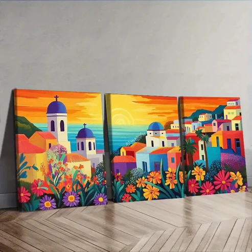 3pcs Greek island style town Wall Art Set Canvas Framed 40x60cm – High Quality Print 100% Australian Made Wall Canvas Ready to Hang