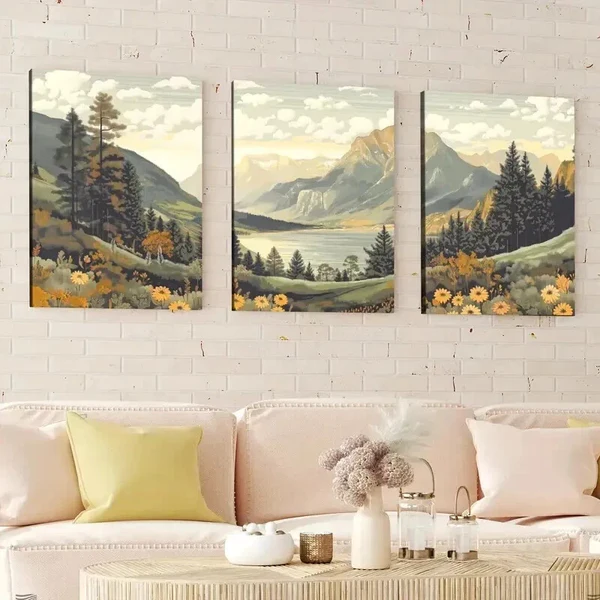 3pcs Vintage Style Mountain Landscape Nature Wall Art Set Canvas Framed 50x70cm – High Quality Print 100% Australian Made Wall Canvas Ready to Hang