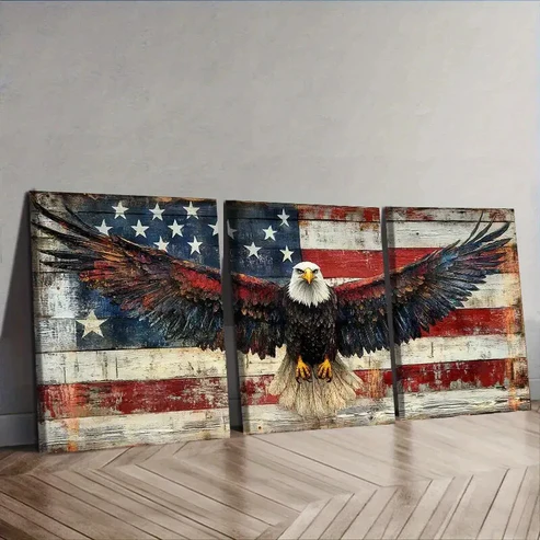 3pcs The eagle in front of the American flag Wall Art Set Canvas Framed 40x60cm – High Quality Print 100% Australian Made Wall Canvas Ready to Hang