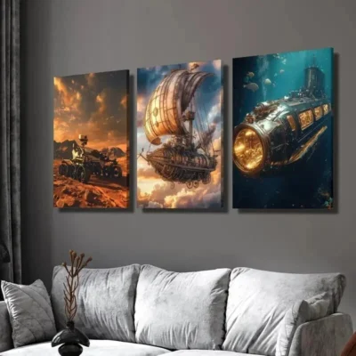 3pcs Mars Rover Steampunk Airship And Submarine Wall Art Set Canvas Framed 40x60cm - High Quality Print 100% Australian Made Wall Canvas Ready to Hang