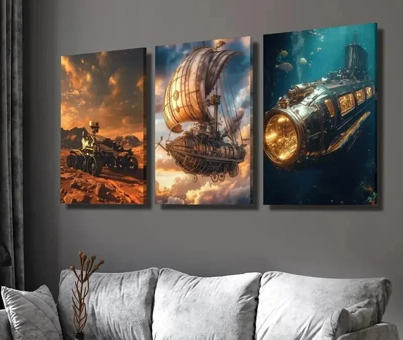 3pcs Mars Rover Steampunk Airship And Submarine Wall Art Set Canvas Framed 40x60cm – High Quality Print 100% Australian Made Wall Canvas Ready to Hang