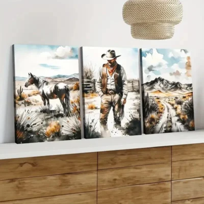 3pcs Horse Men Grasses Blue Sky White Clouds Wall Art Set Canvas Framed 50x70cm - High Quality Print 100% Australian Made Wall Canvas Ready to Hang