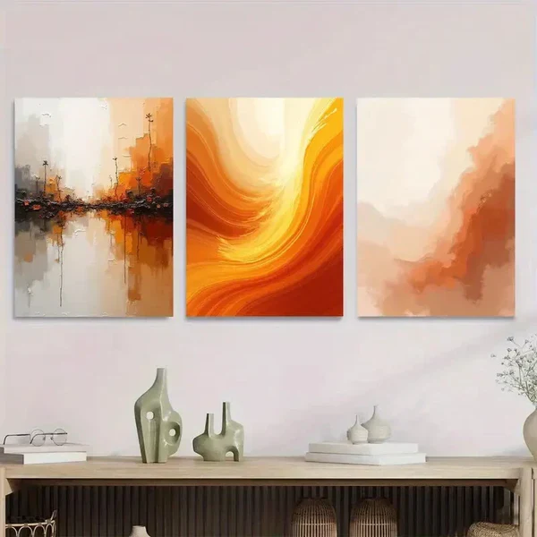 3pcs Modern Abstract Vibrant Orange Stylish Wall Art Set Canvas Framed 50x70cm – High Quality Print 100% Australian Made Wall Canvas Ready to Hang