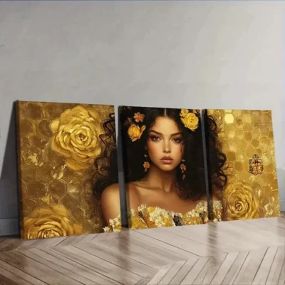 3pcs Intricate Golden lace girl Wall Art Set Canvas Framed 50x70cm - High Quality Print 100% Australian Made Wall Canvas Ready to Hang