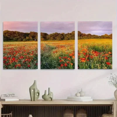 3pcs Beautiful Poppy Field Triptych Wall Art Set Canvas Framed 50x70cm - High Quality Print 100% Australian Made Wall Canvas Ready to Hang