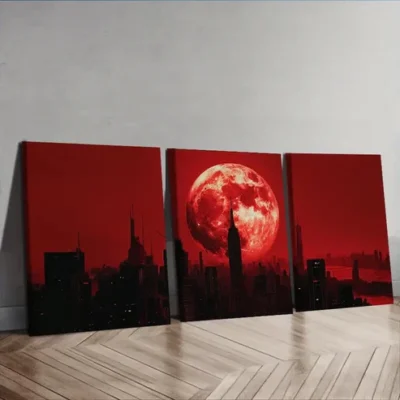 3pcs Big Red Moon Cityscape Wall Art Set Canvas Framed 40x60cm - High Quality Print 100% Australian Made Wall Canvas Ready to Hang