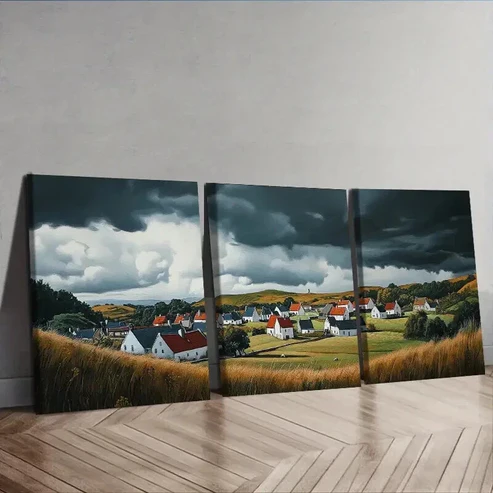 3pcs Rustic Village Red Roofs Wall Art Set Canvas Framed 50x70cm – High Quality Print 100% Australian Made Wall Canvas Ready to Hang