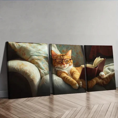 3pcs Classic Modern Cat Reading Wall Art Set Canvas Framed 40x60cm – High Quality Print 100% Australian Made Wall Canvas Ready to Hang