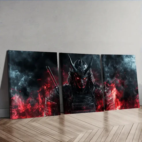 3pcs A crimson warrior with black horns Wall Art Set Canvas Framed 40x60cm – High Quality Print 100% Australian Made Wall Canvas Ready to Hang