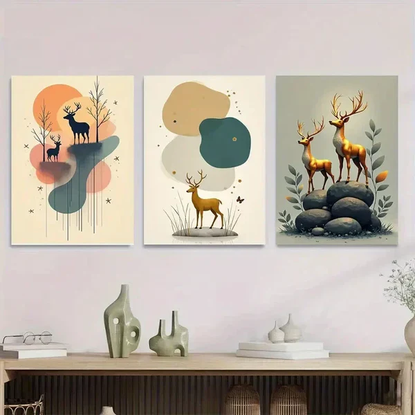 3pcs Deer Themed Abstract Forest Golden Wall Art Set Canvas Framed 50x70cm – High Quality Print 100% Australian Made Wall Canvas Ready to Hang