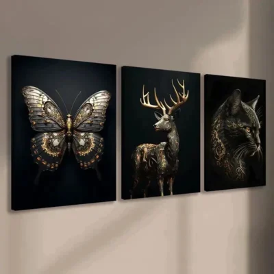 3pcs Animal Butterfly Cat Gold Black Modern Deer Wall Art Set Canvas Framed 50x70cm - High Quality Print 100% Australian Made Wall Canvas Ready to Hang
