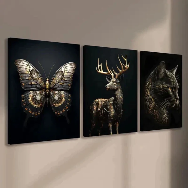 3pcs Animal Butterfly Cat Gold Black Modern Deer Wall Art Set Canvas Framed 50x70cm – High Quality Print 100% Australian Made Wall Canvas Ready to Hang