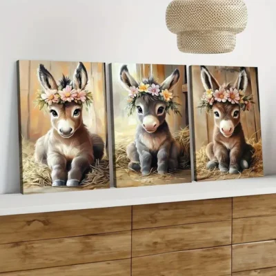 3pcs Cute Baby Big Eyes Donkey Florals & Leaves Wall Art Set Canvas Framed 40x60cm - High Quality Print 100% Australian Made Wall Canvas Ready to Hang