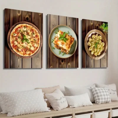 3pcs Vibrant Pizza Lasagna & Dumplings Wall Art Set Canvas Framed 40x60cm - High Quality Print 100% Australian Made Wall Canvas Ready to Hang