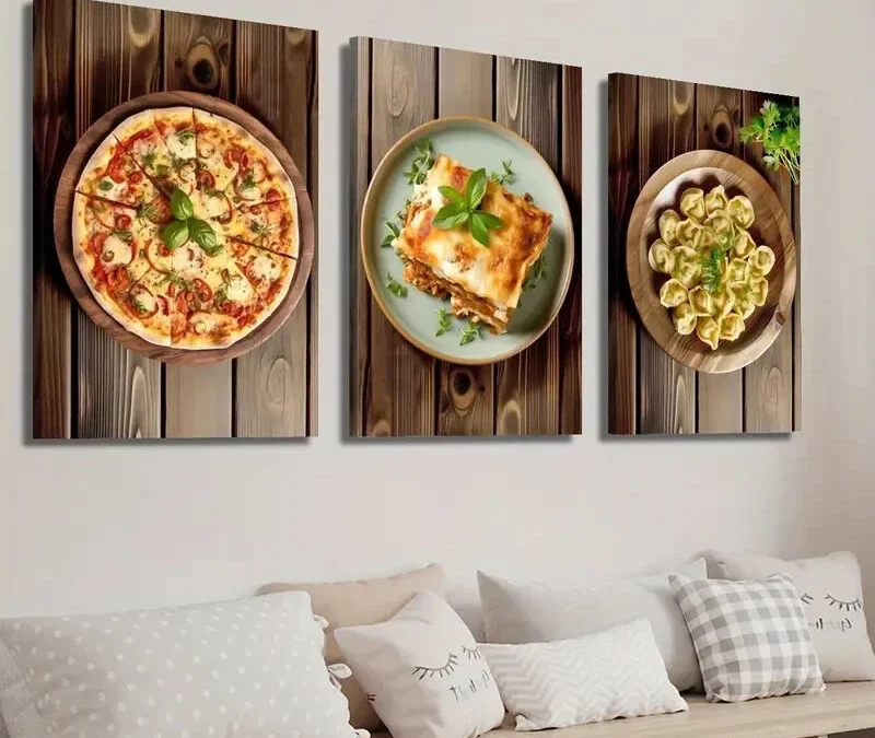 3pcs Vibrant Pizza Lasagna & Dumplings Wall Art Set Canvas Framed 40x60cm – High Quality Print 100% Australian Made Wall Canvas Ready to Hang