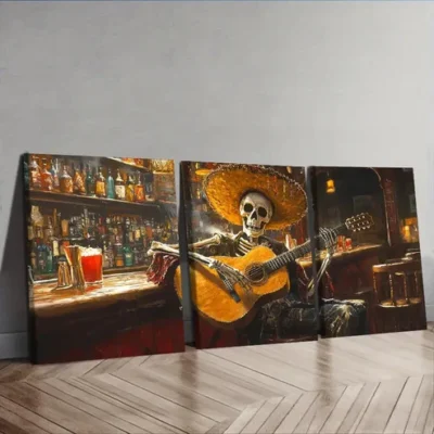 3pcs A skeleton playing guitar in a bar Wall Art Set Canvas Framed 40x60cm - High Quality Print 100% Australian Made Wall Canvas Ready to Hang