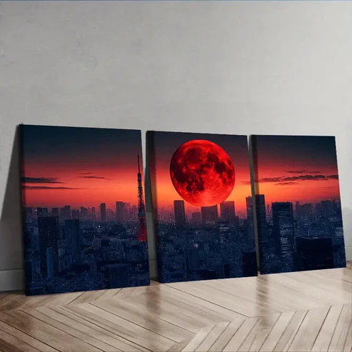 3pcs The moon over the city Wall Art Set Canvas Framed 40x60cm – High Quality Print 100% Australian Made Wall Canvas Ready to Hang