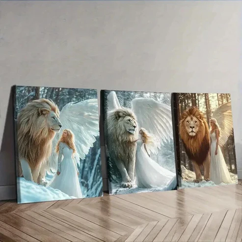 3pcs The girl and the lion in the snow Wall Art Set Canvas Framed 50x70cm – High Quality Print 100% Australian Made Wall Canvas Ready to Hang