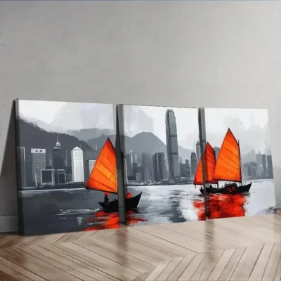 3pcs Featuring The Hong Kong Harbor Wall Art Set Canvas Framed 50x70cm - High Quality Print 100% Australian Made Wall Canvas Ready to Hang