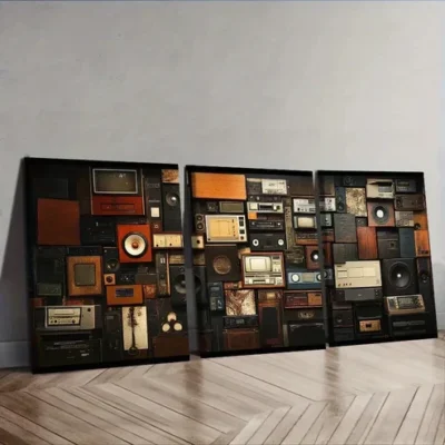 3pcs Featuring a Collage of Retro Audio Devices Wall Art Set Canvas Framed 40x60cm - High Quality Print 100% Australian Made Wall Canvas Ready to Hang