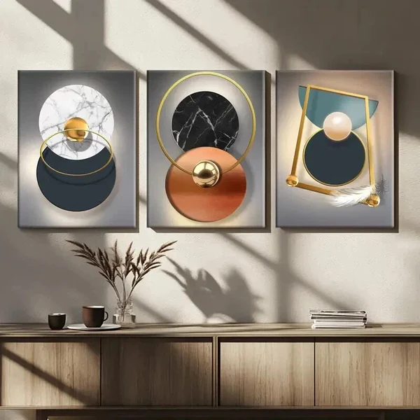 3pcs Beautiful Modern Gold Ring Blue Black White Wall Art Set Canvas Framed 50x70cm – High Quality Print 100% Australian Made Wall Canvas Ready to Hang