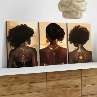 3pcs Modern Art Black Woman Portrait Boho Chic Wall Art Set Canvas Framed 50x70cm - High Quality Print 100% Australian Made Wall Canvas Ready to Hang